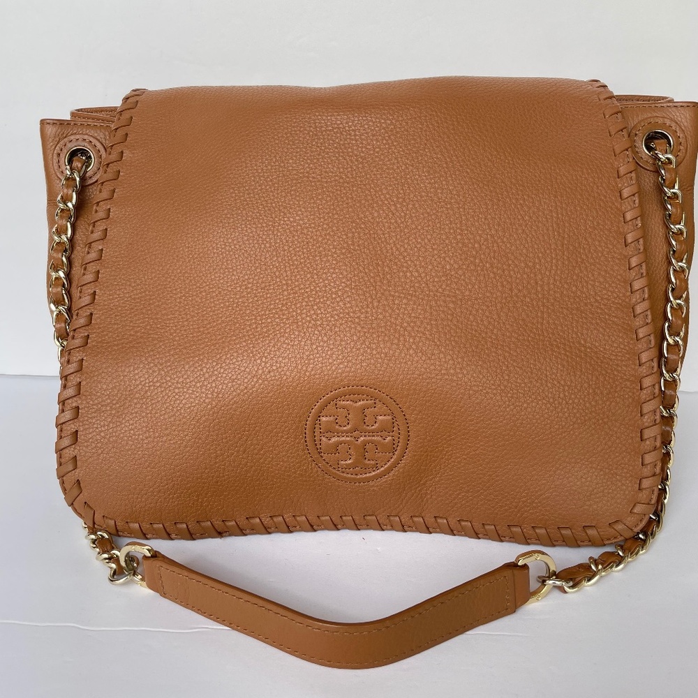 EUC Tory Burch Marion Large Tan Leather Flap Shoulder Bag Chain Strap